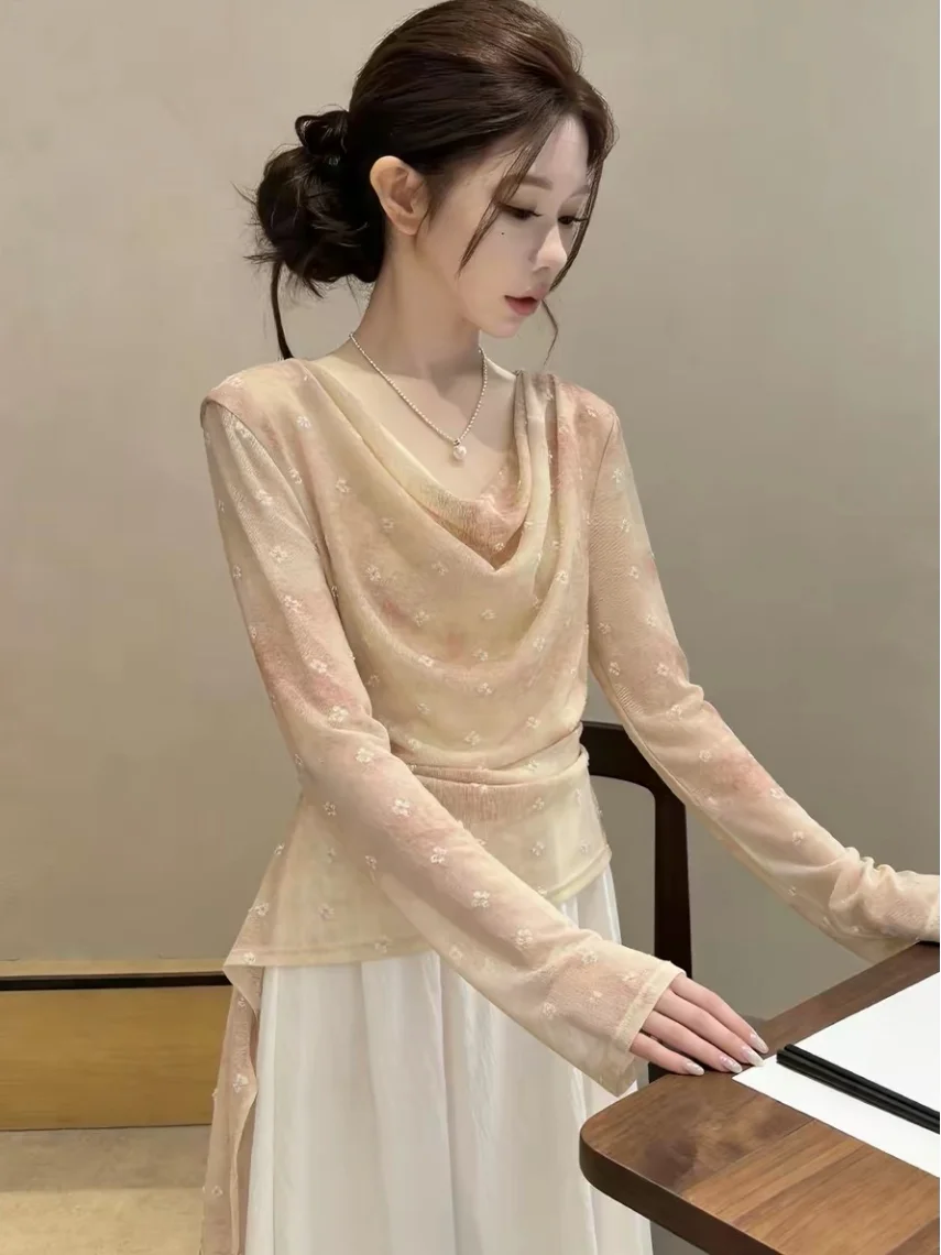 

Silk Long Sleeve T-Shirt Women's Summer New Style Asymmetrical V-neck Mesh Top Thin Self-retaining Gentle Breeze Design