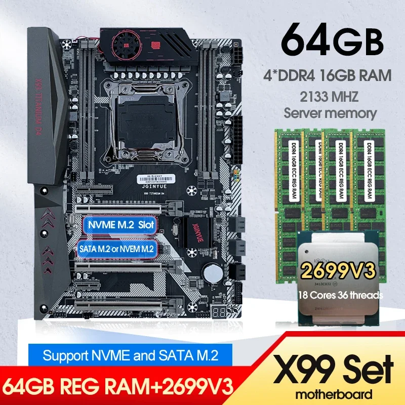 JINGYUE X99TI D4 Kit Motherboard With E5 2699 V3 Processor CPU LGA 2011-3 64GB (4*16) DDR4 ECC Memory KIT