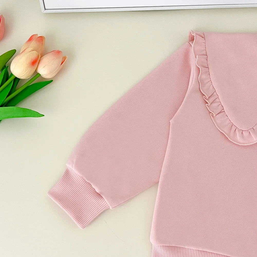 Herbst-Kinderkleidung 2-Teiliges Set Mädchen-Oberteil mit Kragen Spitzen-Weitbein-Hose Lässiges Boutique-Set – Detail 6