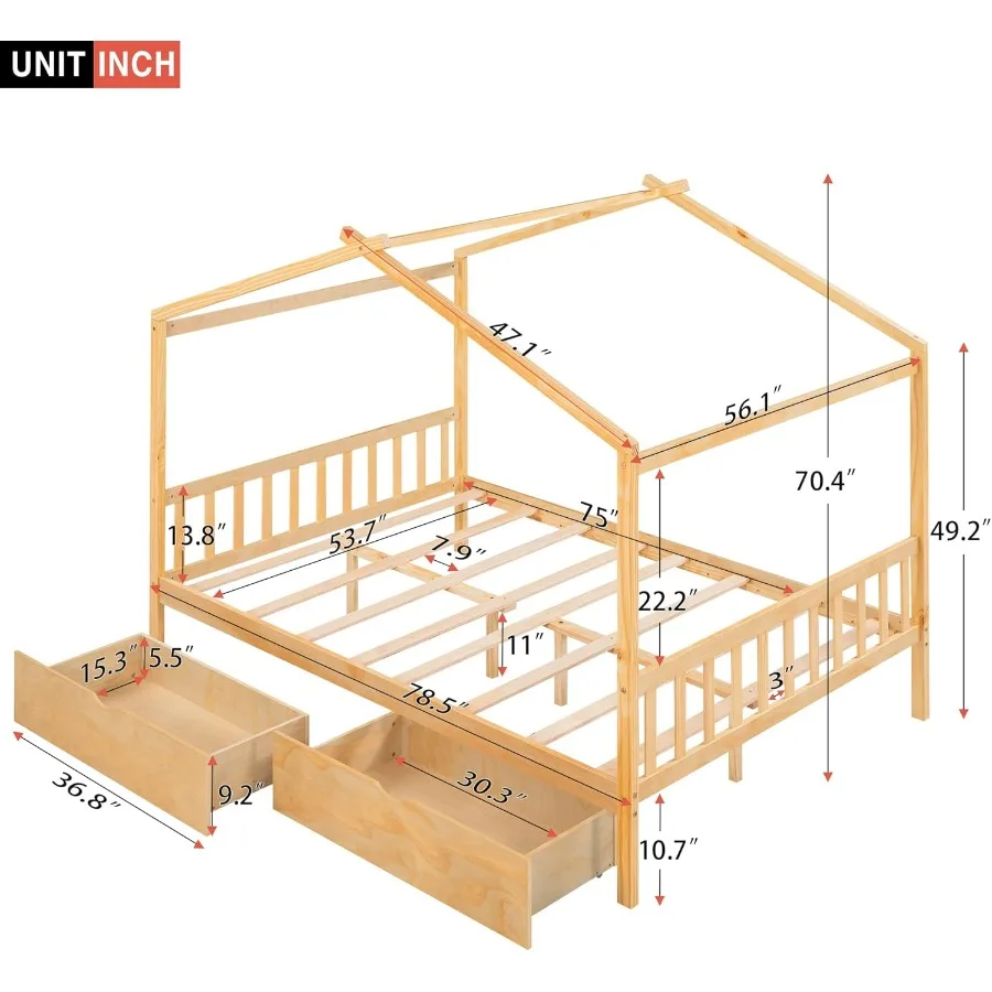 Full Size House Bed for Montessori Wood Platform Frame With 2 Storage Drawers Headboard and Footboard Ideal for Girls Boys Bedr