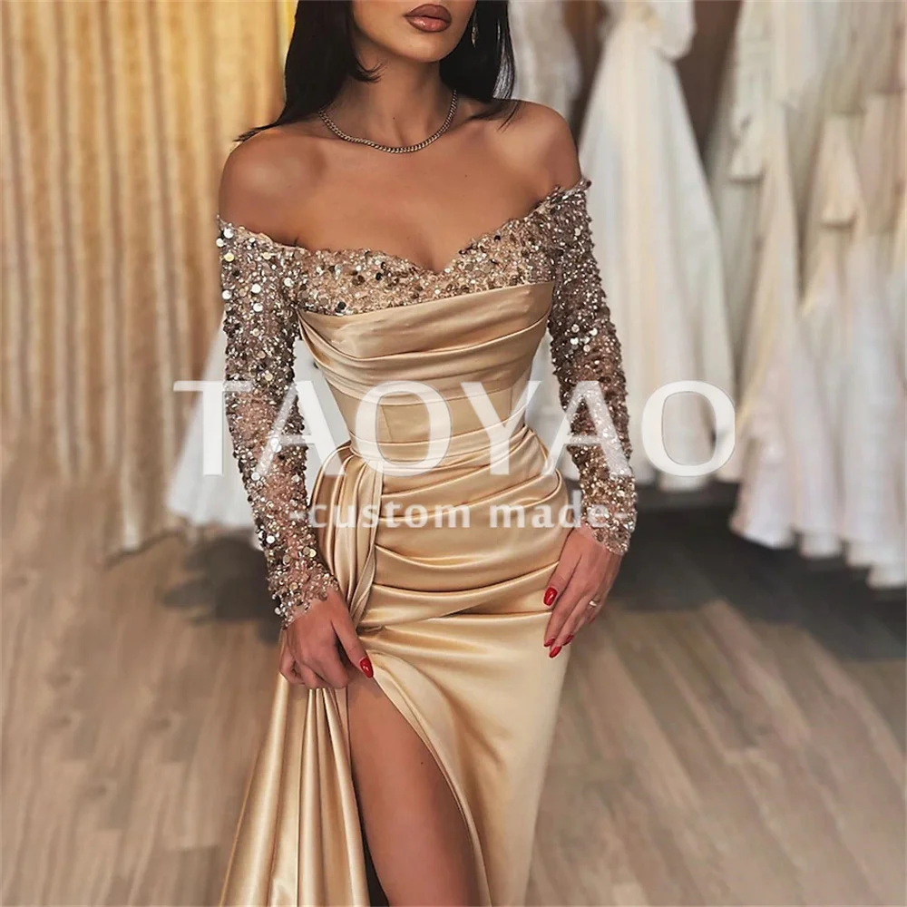 Sparkle Mermaid Evening Dresses Off Shoulder Wedding Dress Party Dresses with Ruched Sequin Slit Prom Dress Vestidos De Fiesta