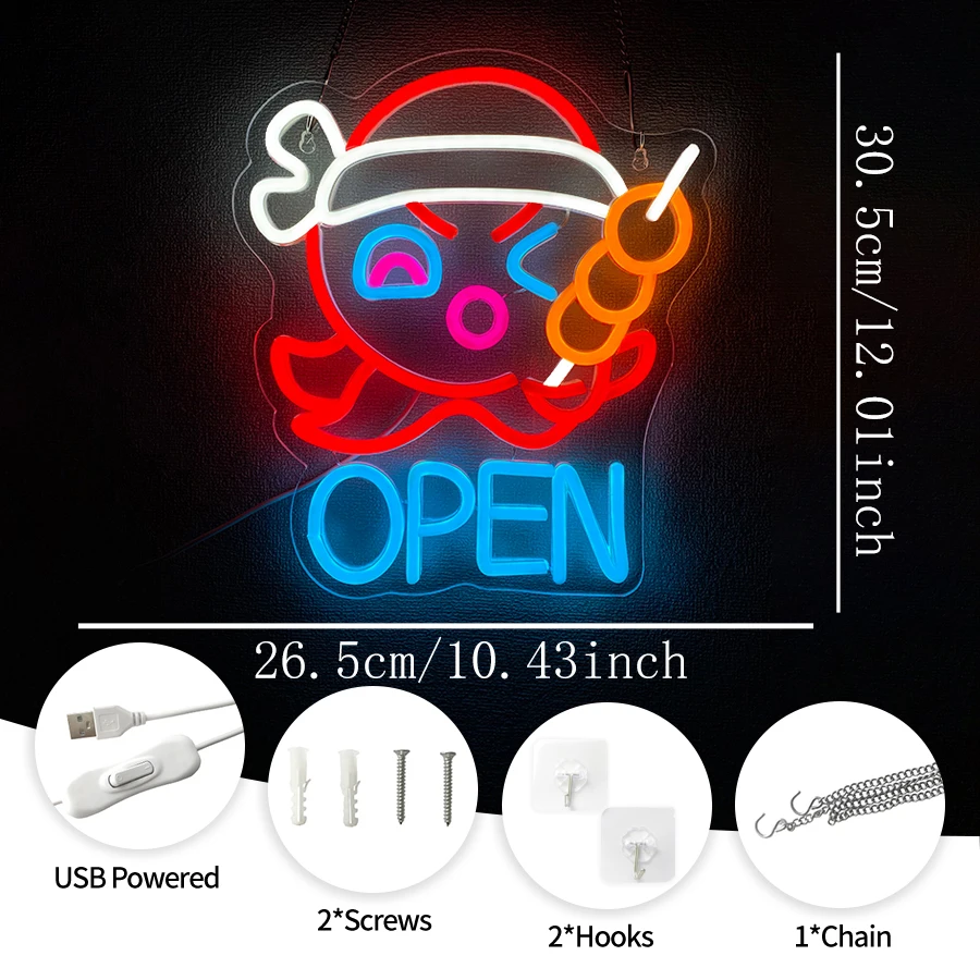Takoyaki Neon Sign for Wall Decor,LED Open Neon Light for Japanese Street Food Shop,Kitchen,Restaurant,Sushi Bar Decoration view 3