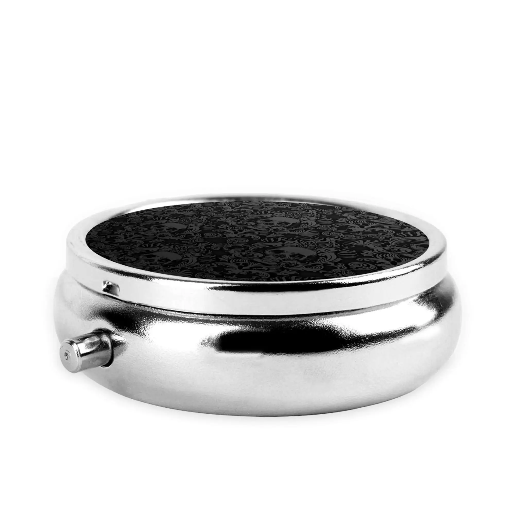 Gothic Black Skull Damask 3 Cell Metal Pill Boxes Stainless Steel Round Pill Boxes Medicine Organizer Container Medicine Case