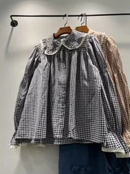 2026 Enianechu Japanese mori girl autumn winter cotton vintage khaki blue plaid shirts long sleeve blouses loose lolita clothes
