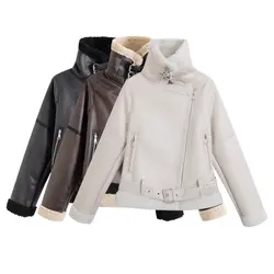 TRAF Women 2024 autumn and winter new fashion with belt short warm motorcycle clothing chic lapel zipper coat Outerwear Mujer