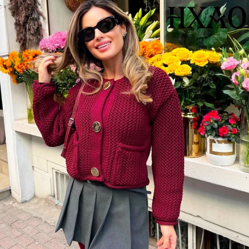 HXAO ニットカーディガン女性のための長袖クロップセーターカーディガン女性ニットかぎ針編み赤カーディガンアウターボタンジャケット