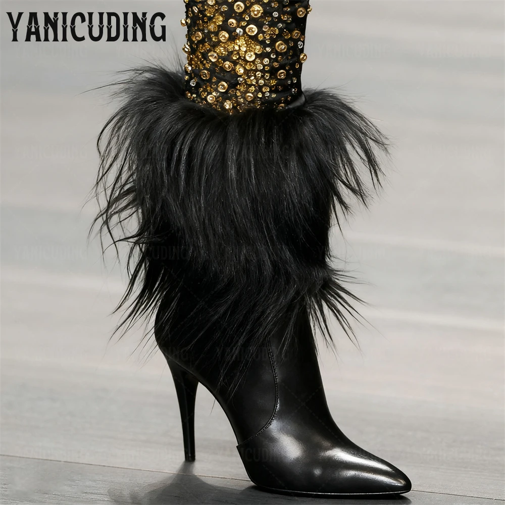 

Luxury Pointed Toe Stiletto Furry Boots Designer Style Multicolor Handmade Boots Fashion Sexy Style Slip on Women's Ankle Boots