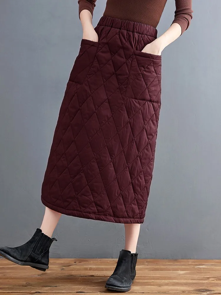 Ladies Thickened down Cotton A-Line Midi Skirt High Waist Warm Windproof Diamond Stitched Half-length Winter Fashion Commute