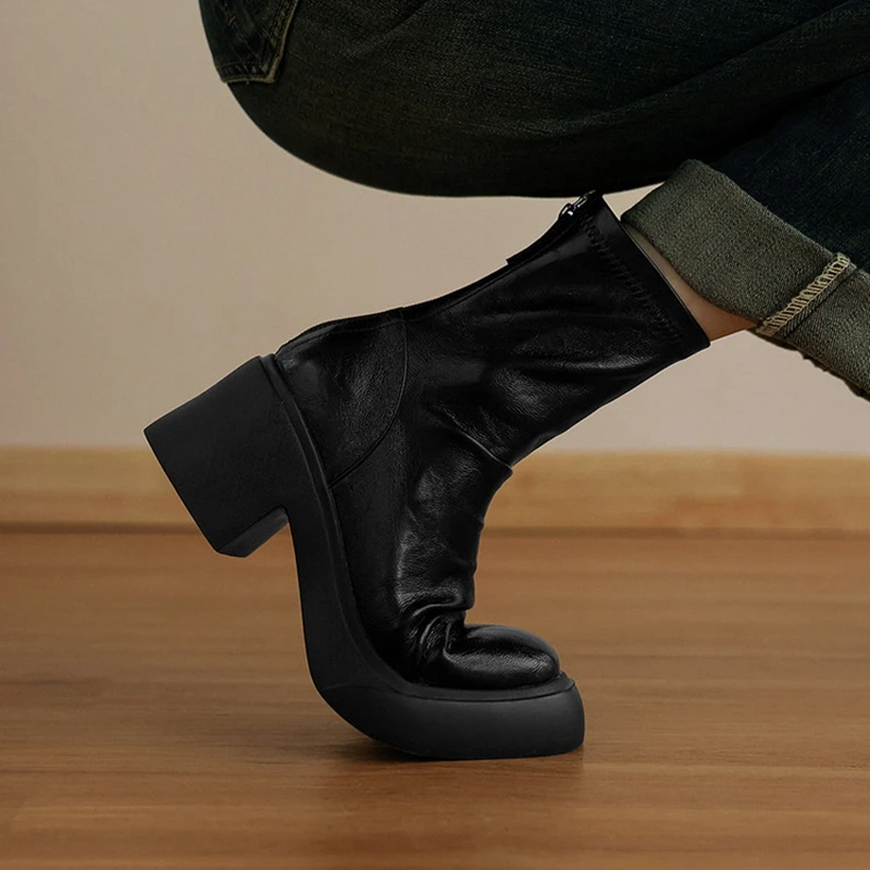 

Women's new autumn and winter round toe and calf mid heel zipper thick soled elastic leather short boots elastic boots slim boot