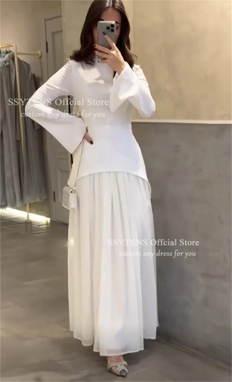 فساتين سهرة طويلة بيضاء أنيقة من SSYTENS بأكمام طويلة فساتين حفلة موسيقية خاصة باللغة العربية السعودية فساتين حفلات ذات ياقة عالية مخصصة #5