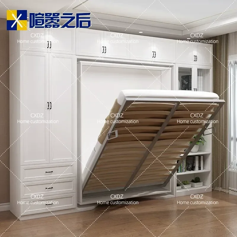 Rotating Desk Cabinet with Flip Bed Invisible Folding Wall Bed Bookcase Combination Multifunctional Hidden Space Saving