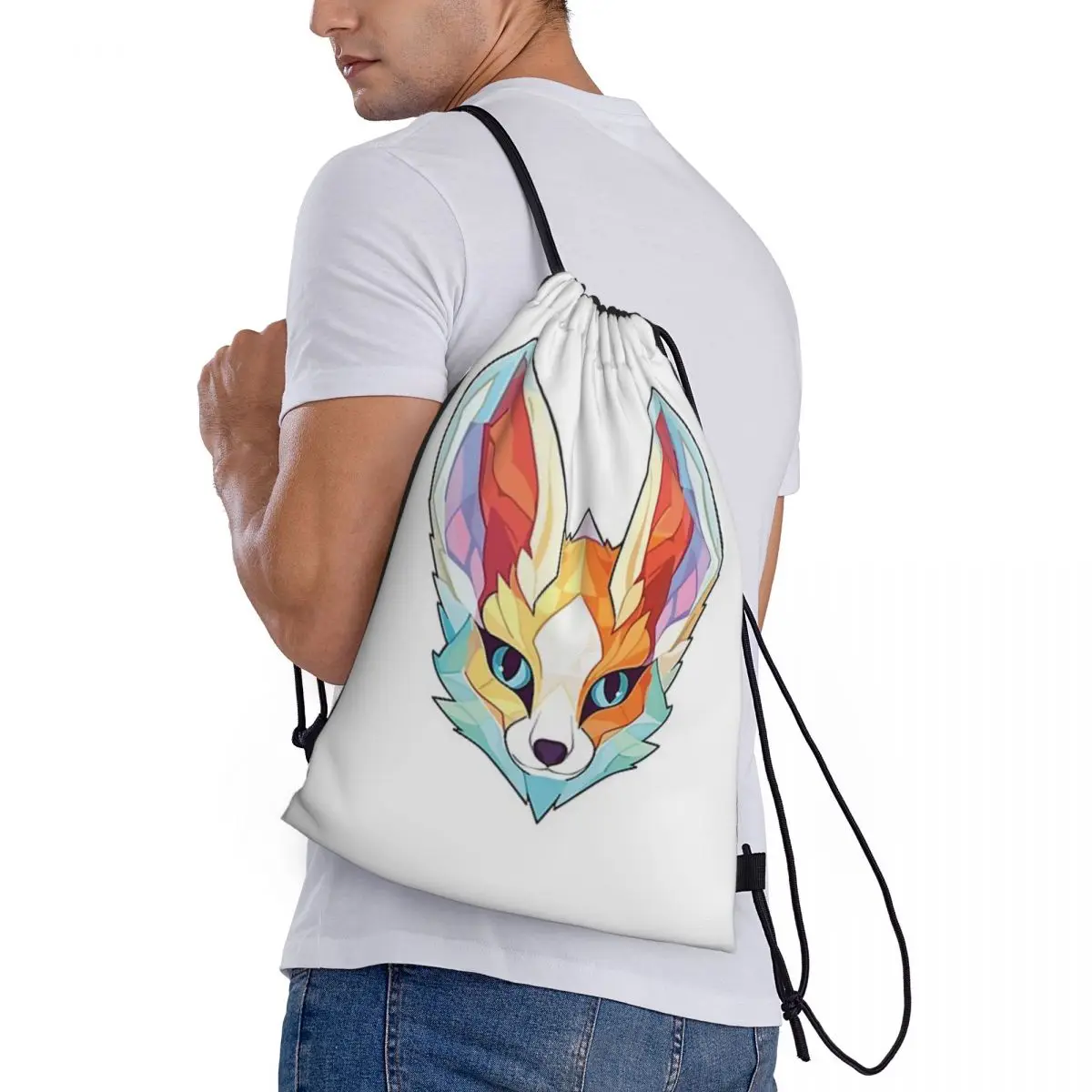 Custom Pattern Logo Drawstring Bag Fennec Fox Colorful Watercolor Animal Illustration Travel Backpack Student Storage Bag School