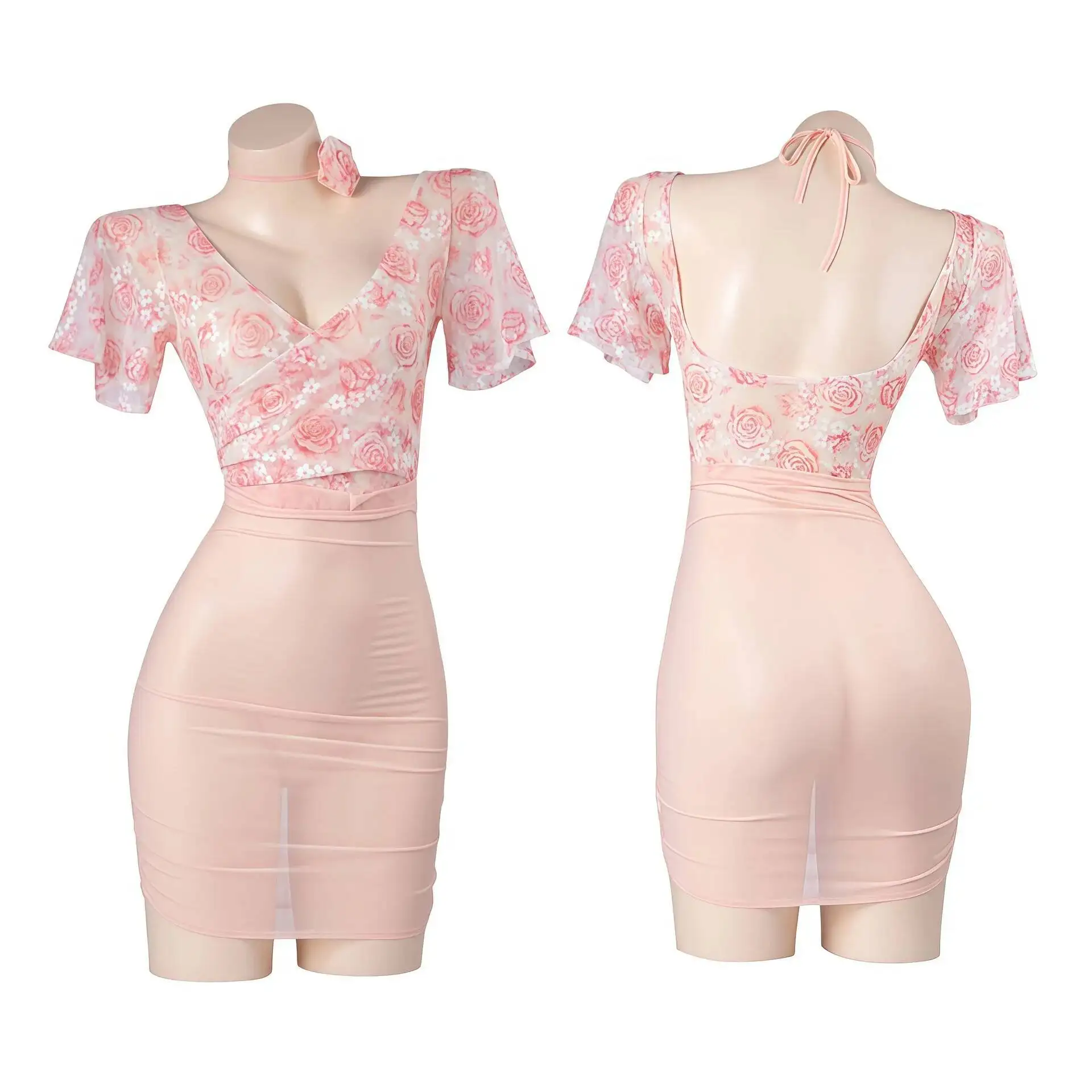 Seductive Pure Desire Style Nightdress Backless Hip-revealing Dress Nightclub Floral Sexy Deep V For Woman Short Sleeved OTWM