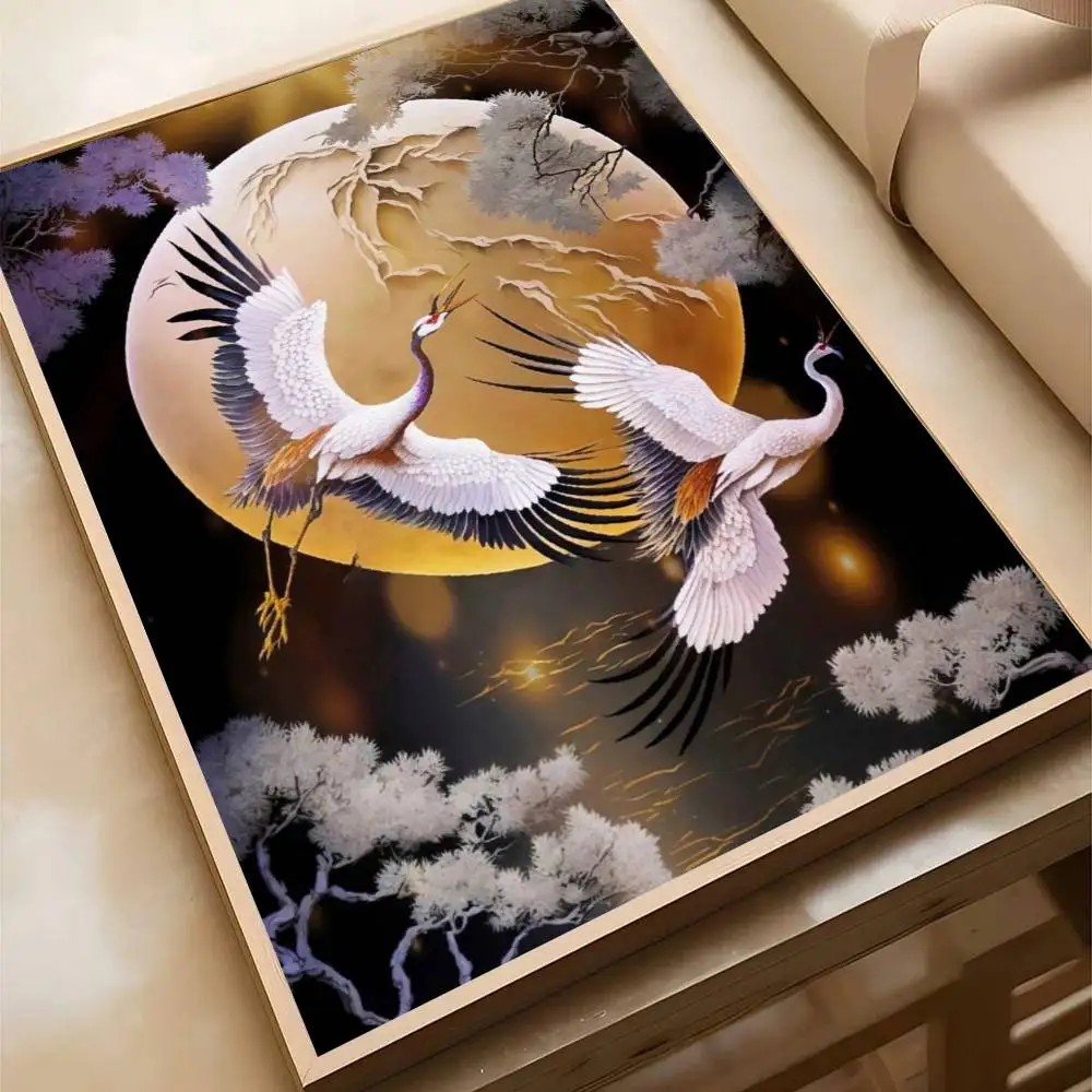 مجردة النمط الصيني القمر كرين الطيور المشارك ذاتية اللصق الفن ورقة مقاومة للماء ملصق مقهى بار غرفة جدار ديكور #6