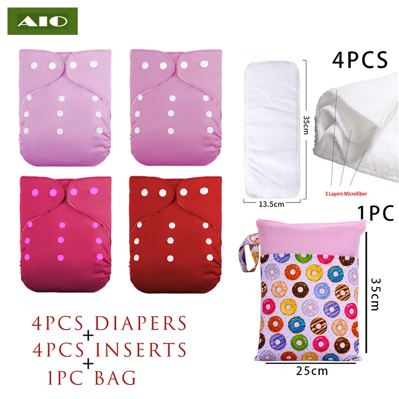 AIO 4 diapers+4 Inserts +1 Wet Bag Solid Color Waterproof Pocket Diapers Baby Reusable Cloth Diaper ECO Nappy Washable 0-3 old