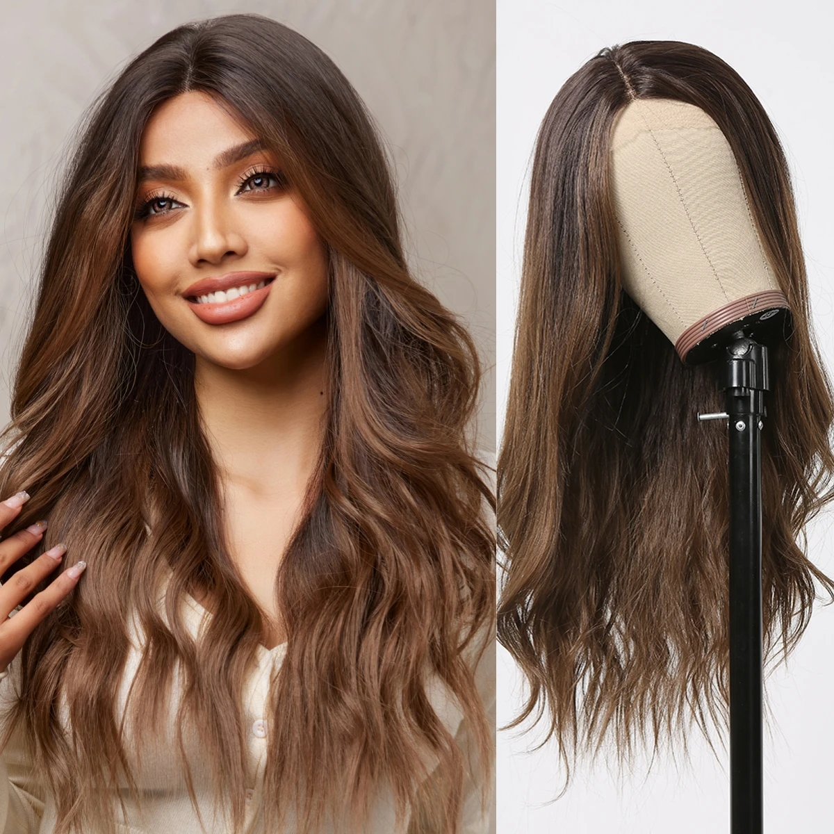 Wig sintetis renda depan panjang bergelombang 5*1 wig ombre coklat tua untuk pesta sehari-hari wanita Wig renda garis rambut serat tahan panas