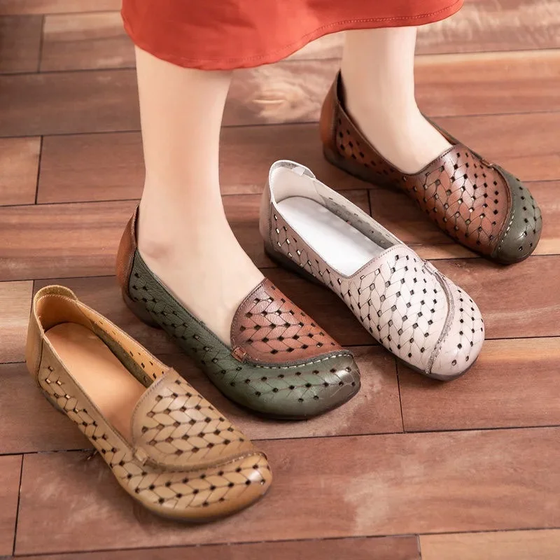 Hollow Out Single Shoe Women's 2024 Spring New Retro Square Toe Flat Bottom Comfortable Shallow Mouth Bean Shoes Zapatos Mujer