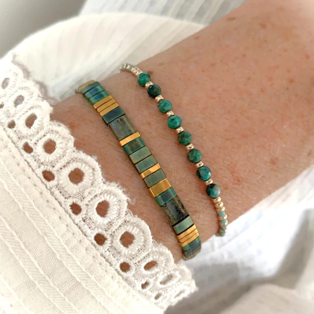 Vintage Green Bead Bracelet Adjustable String Handmade Bohemian Bracelet Women Unique Stackable Daily Wear Fashion Accessories
