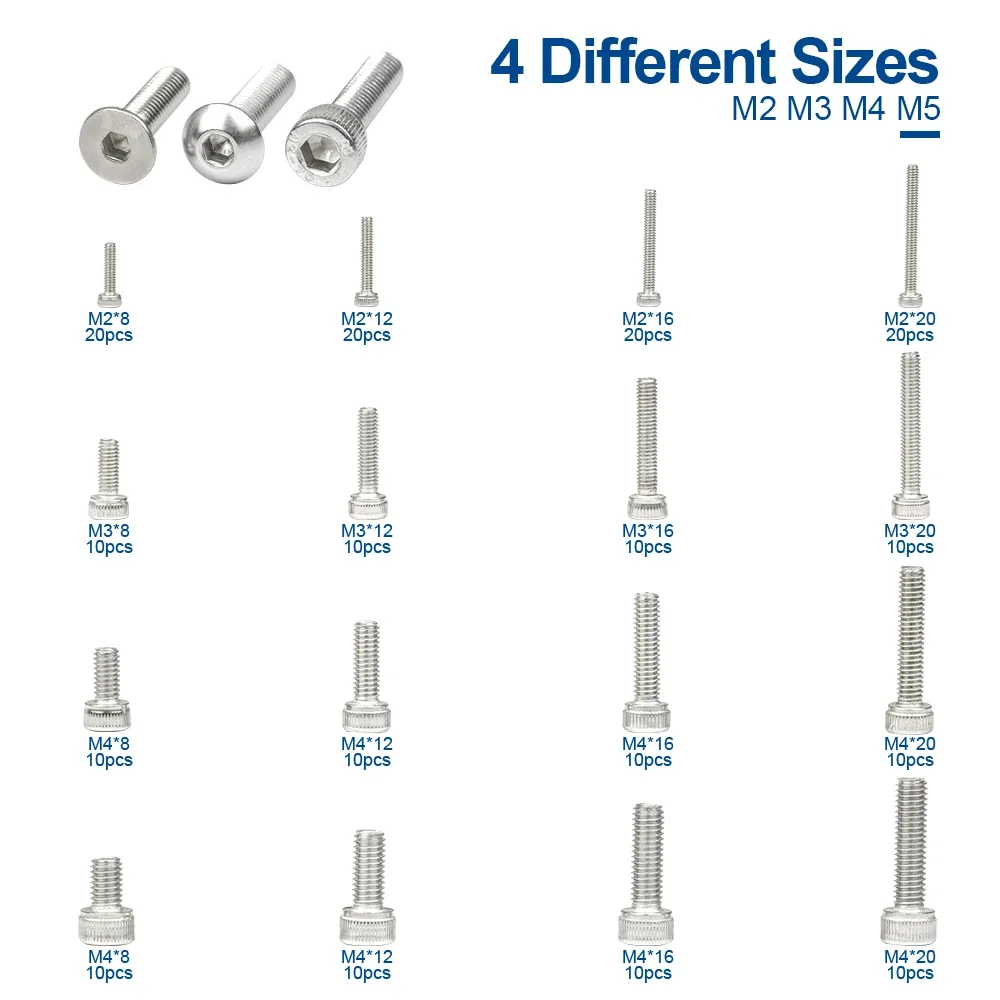 580pcs/set Hex Socket Cap Head Screw Nut Set Stainless Steel M2 M3 M4 M5 Hexagon Flat Round Cap Head Screw Assorted Kit