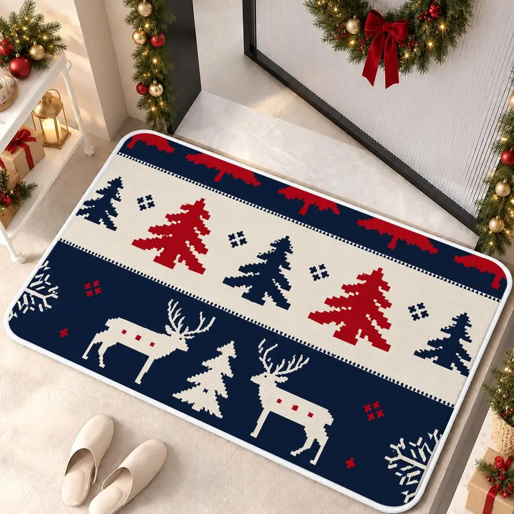 Christmas Adorable Reindeer Floor Mat Flannel Rug Soft Non Slip Door Mat for Bathroom Bedroom Kitchen Festival Home Decor