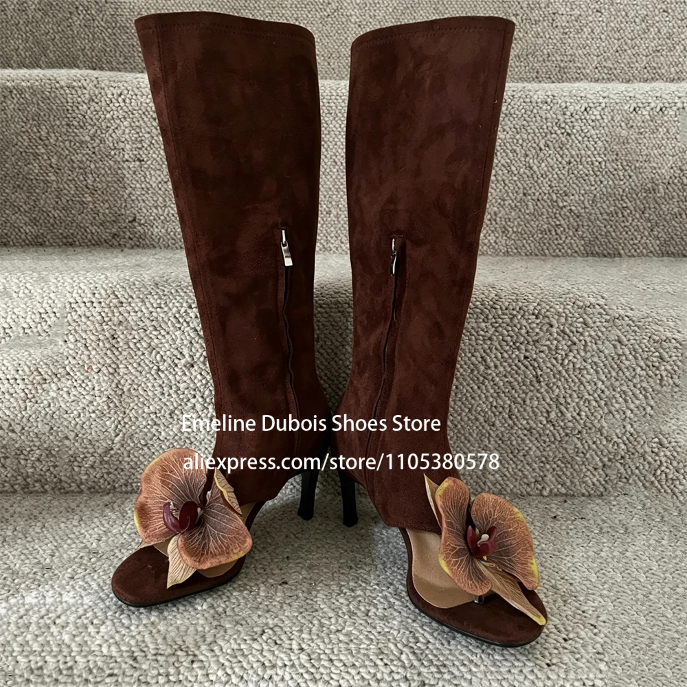 

Brown Suede Orchid Flower Knee High Thong Boots Peep Toe High Heel Summer Boots Sandals Women Long Boots Chic Party Evening Wear