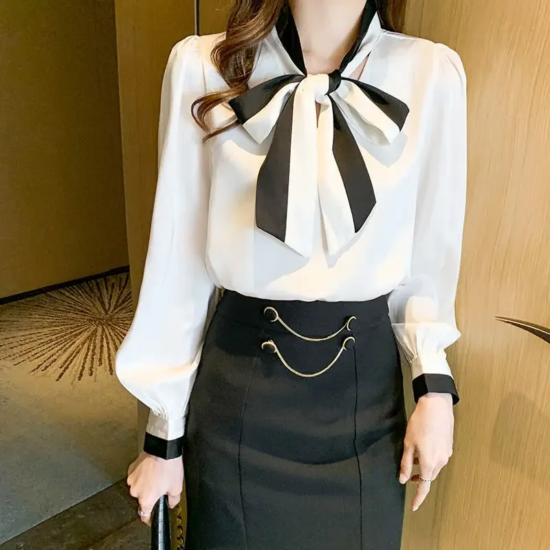 

Bow Commuter Shirt Women's Clothing Pullovers Sweet Office Lady Straight 2024 Spring Autumn New V-Neck Long Sleeve Blouse Female