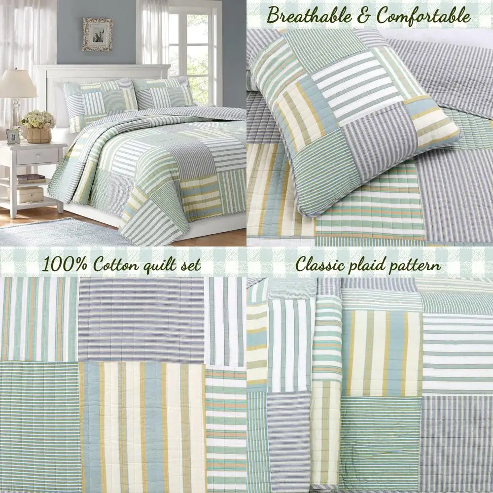 

Green Yellow Blue Plaid Striped Patchwork Cotton Reversible Quilted Coverlet Bedspread Bedding Set