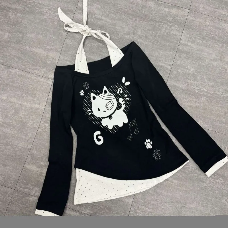 

Harajuku Sweet Girl T-shirt Japanese Subculture Cartoon Cat Print Tshirts Pop Bind Fake Two Tees Harajuku Dot Stitching Cute Top