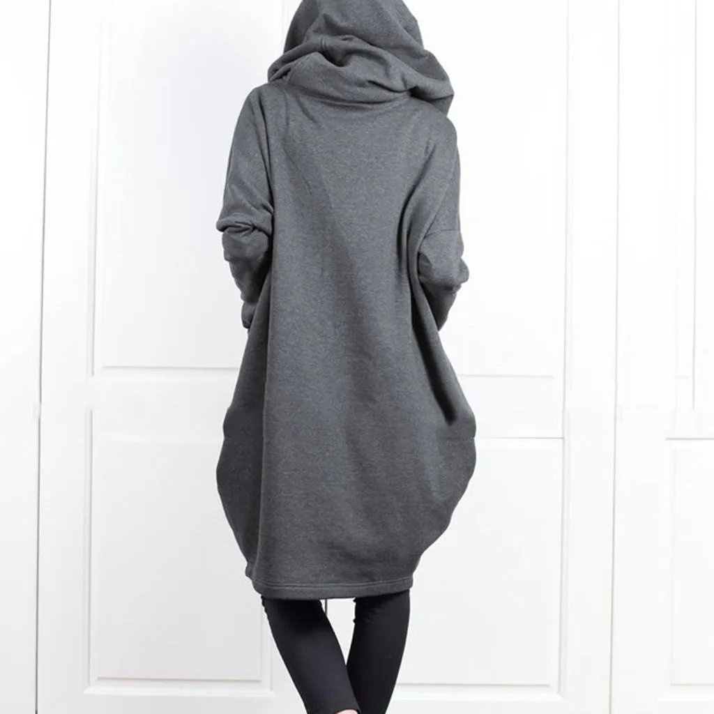 Damen-Kapuzenpullover mit Taschen, Reißverschluss, mittellanger, lockerer Mantel, zweiteiliger Look, lässige Oberbekleidung – Detail 7