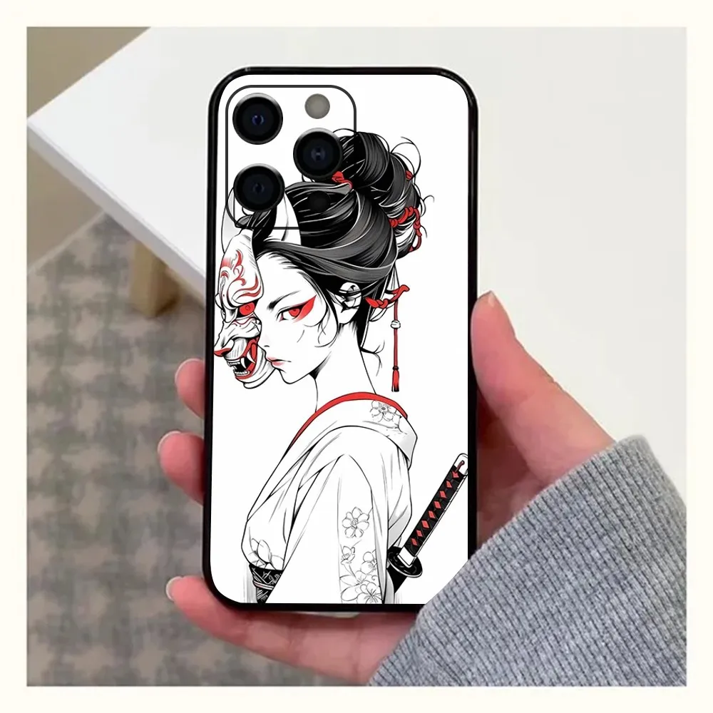 Samurai Warrior Geisha Phone Case For Apple iPhone 15,14,13,12,11,Pro,X,XS,Max,XR,Plus,Mini Soft  black shell