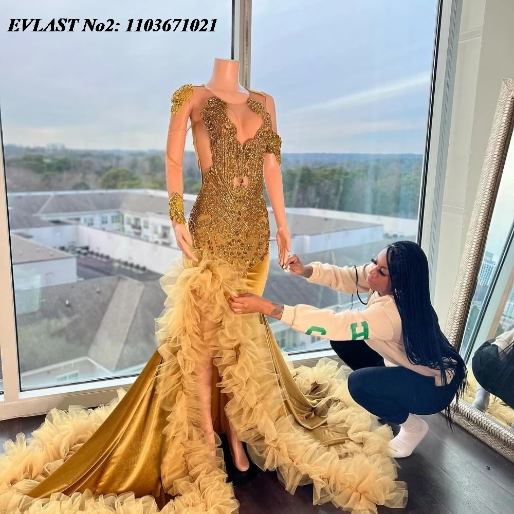 EVLAST Customized African Gold Mermaid Prom Dress Side Slit Beading Crystals Formal Party Evening Gowns Robe De Soiree E2P18