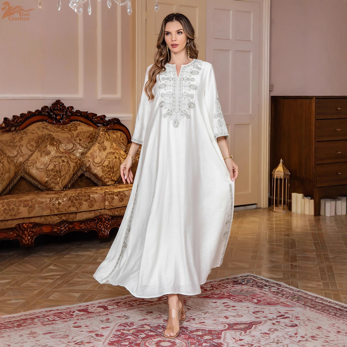 Uni Ramadan Dubai Embroidered Diamonds Abayas Muslim Elegant Women Evening Dresses Loose Luxury Kaftan