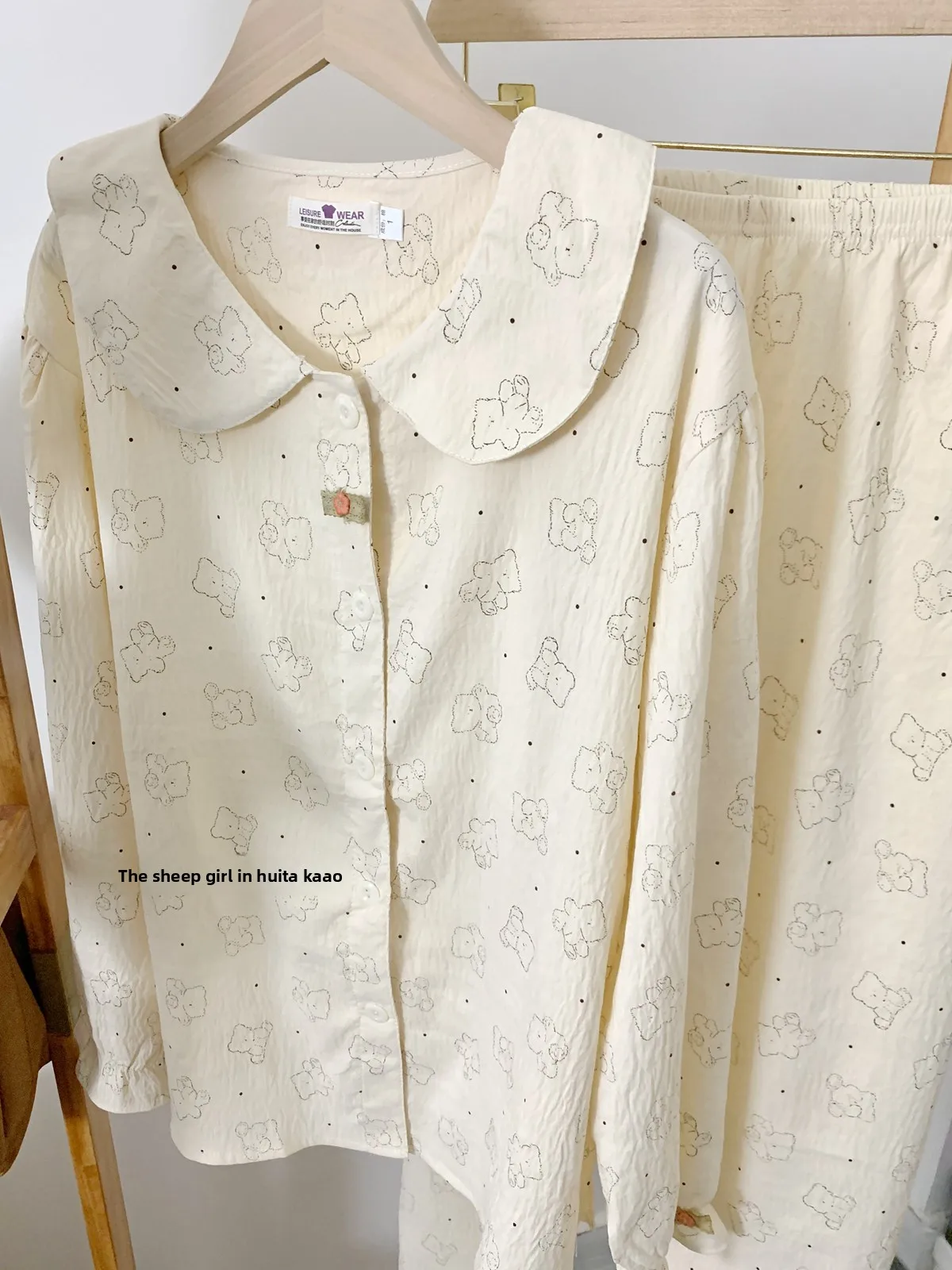 

Korean Style Sleepwear Women's Spring Autumn Thin Cotton Loose Cute Bear Cartoon Print Sweet Student Home Clothes