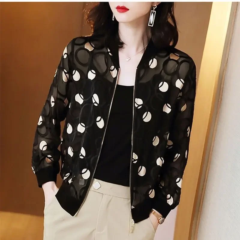 

2024 Autumn Women's New Chiffon Coat with Lightweight Long Sleeve Sun Protection Coat Large Zipper Cardigan Baseball Jersey B391