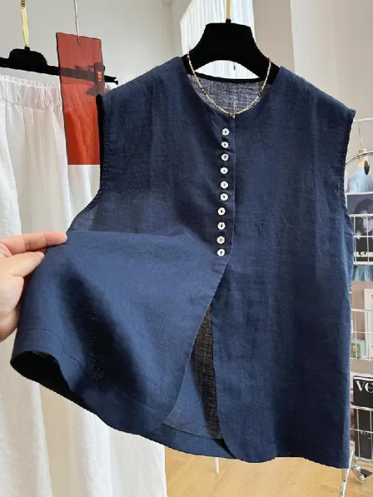 خفيفة الوزن ومريحة الكتان تانك الأعلى جولة Ne زر واحد عارضة Svel irt خمر التخسيس ليوسيل الكتان سترة