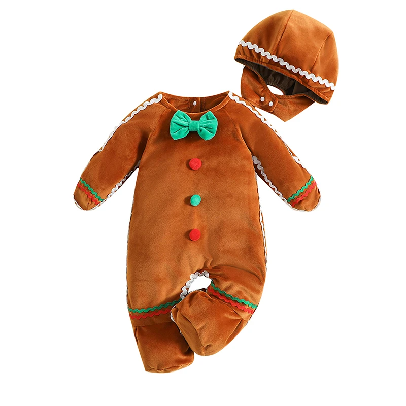 Newborn Gingerbread Costume Christmas Gingerbread Man Romper Long Sleeve Fleece Hooded Jumpsuit Outfit Fall Clothes