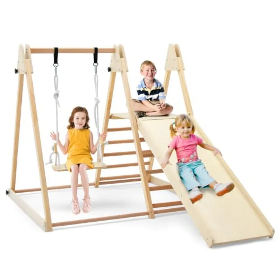 Indoor Jungle Gym Grote 5in1 Speeltuin Klimmerspeelset met Babyschommel Glijbaan Ladder en Klimmuur Opvouwbare Houten Mon