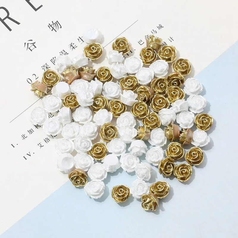 30 pz 11mm Sparkle Shiny Gold Pearl Resin Rose Flower Flatbacks artigianato fai da te abbellimento Cabochon per Scrapbooking Cardmaking