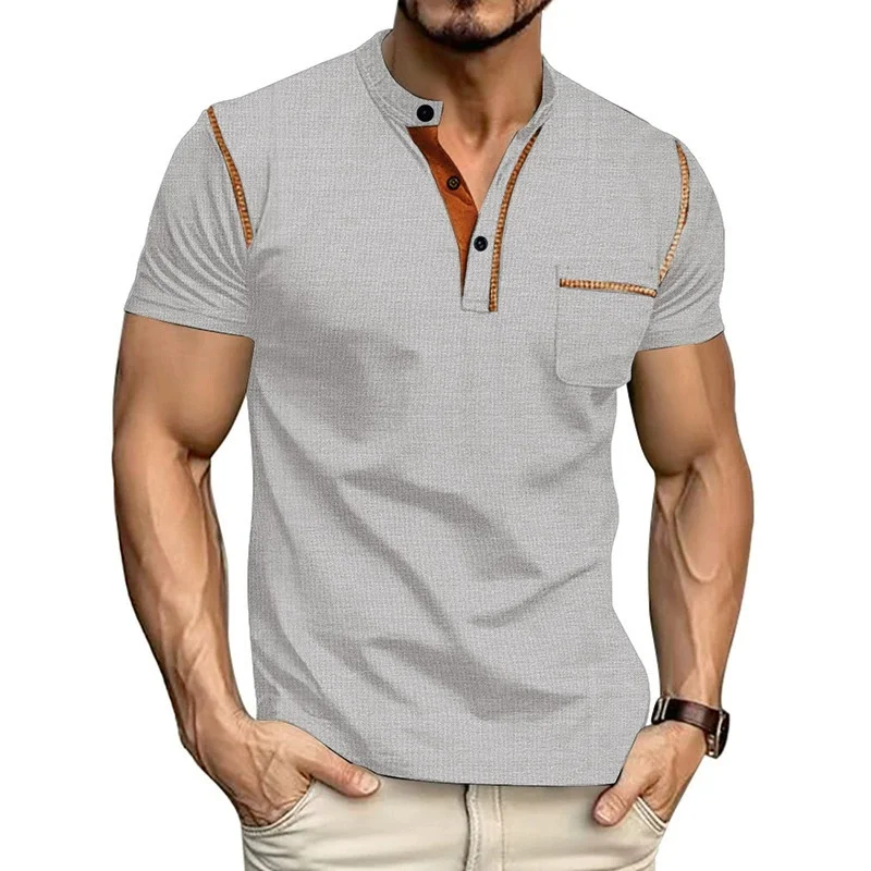 

Summer men's fashionable Henry collar half-button short-sleeved moisture-wicking breathable casual American stretch T-shirt top