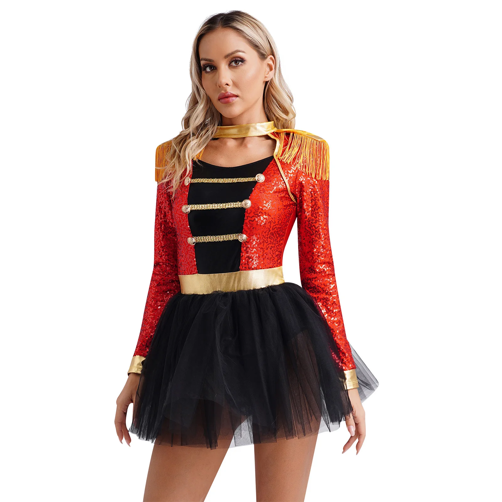 LYus Ringmaster Cosplay Costume pour femme, paillettes brillantes, manches longues, franges, tutu en tulle initié, robe justaucorps, costume d'Halloween