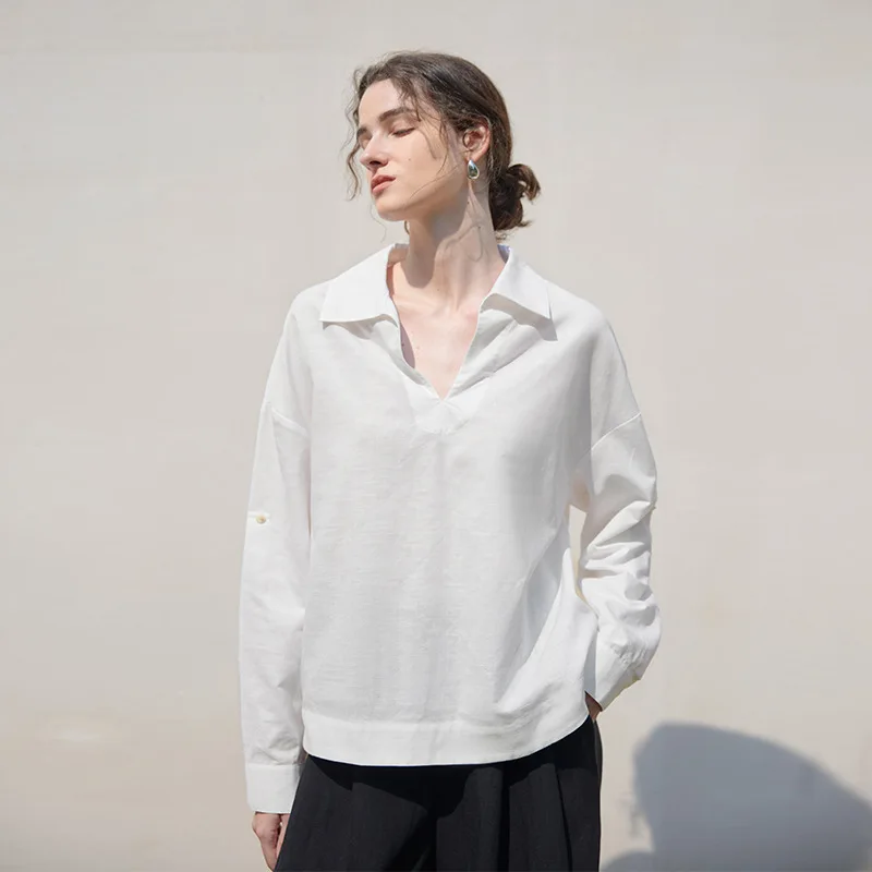 

Women Cotton Linen Blouse V-neck Long Sleeve White Color Vintage Casual Loose Fashion Streetwear Office Lady Shirts Feminino