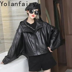 Genuine Sheepskin Leather Jacket Women 23 Loose Leather Coat Short Black Leather Jackets Korean Fashion Women Clothes Bat Sleeve