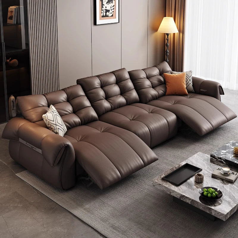 x*-Genuine Leather Electric Adjustable Sofa Lawrence Brown Furniture Living Room Light Luxury 2025 New Leanable Reclining