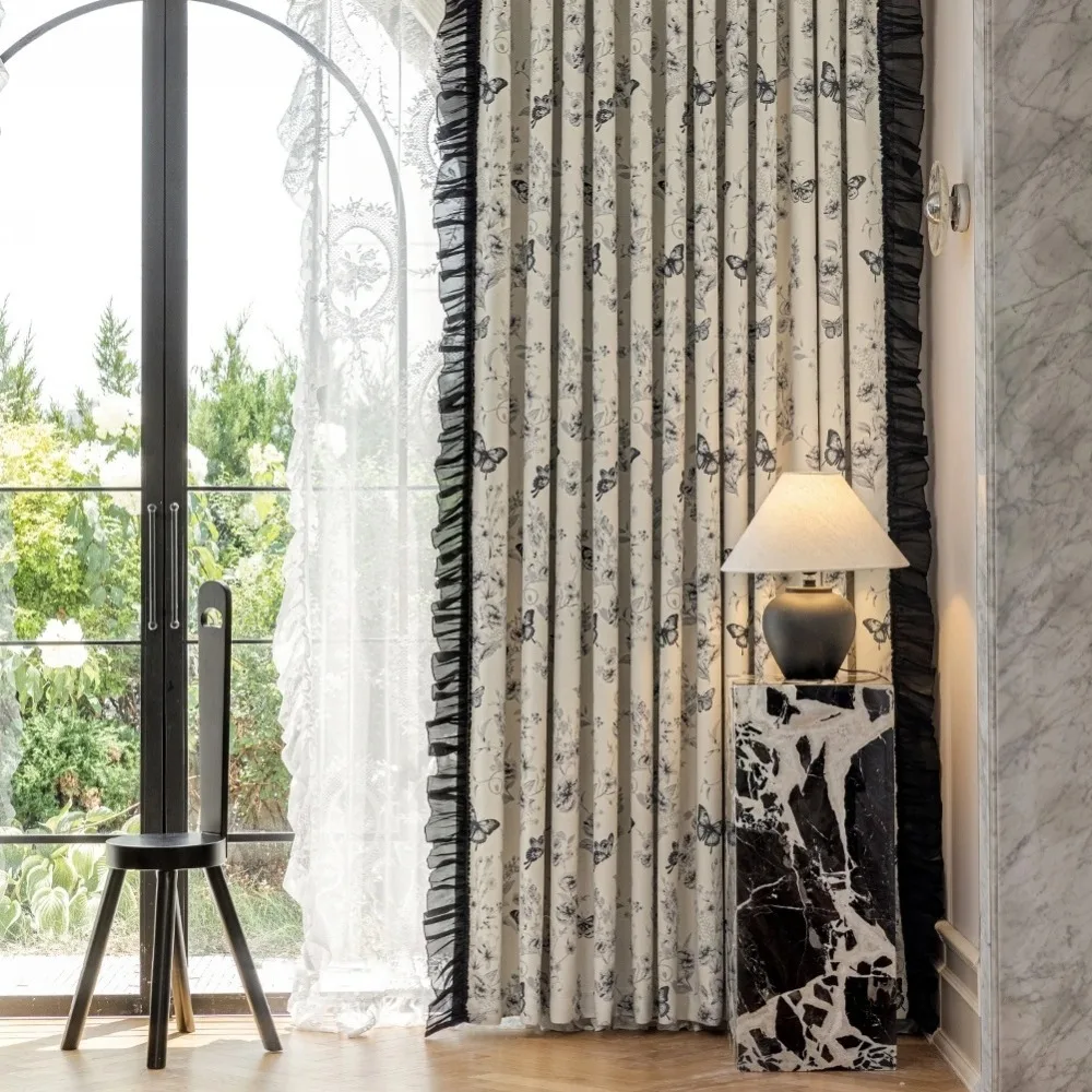 Romantic Style Lace Ruffle Floral Window Screen for Kitchen Living Room French Window Curtain Decor 1PC