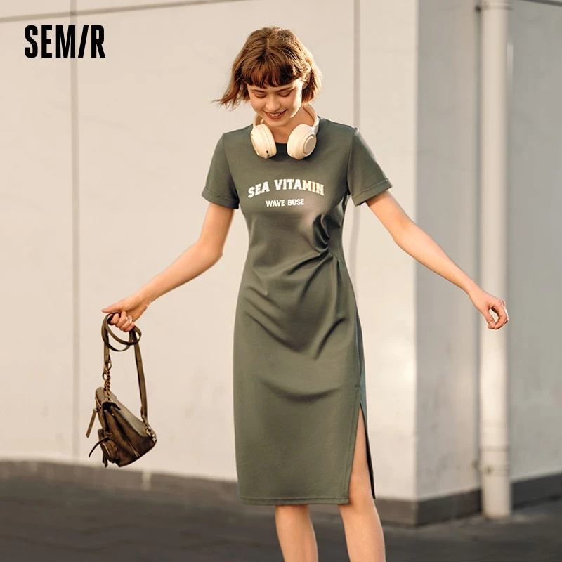 Semir Dress Women Vintage Casual Midi Dress 2024 Summer New Letter Print Split t-shirt Dress