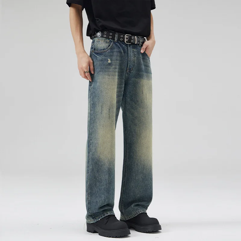 N90 American style high street retro trend loose all-match casual old holes casual high-profile straight jeans for men