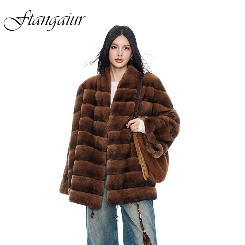 

Ftangaiur New Winter Import Rex Rabbit Fur Coat Long Sleeve Women V-Neck Loose Soft Striped Short Natural Rex Rabbit Fur Coats