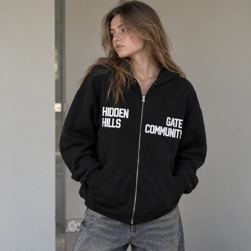 Damen-Kapuzenpullover mit Reißverschluss, Buchstabenmuster, lange Ärmel, Oversize-Sweatshirt, lässige Y2K-Streetwear-Jacke, schwarzes und rotes Kapuzentop für Damen. – Detail 7