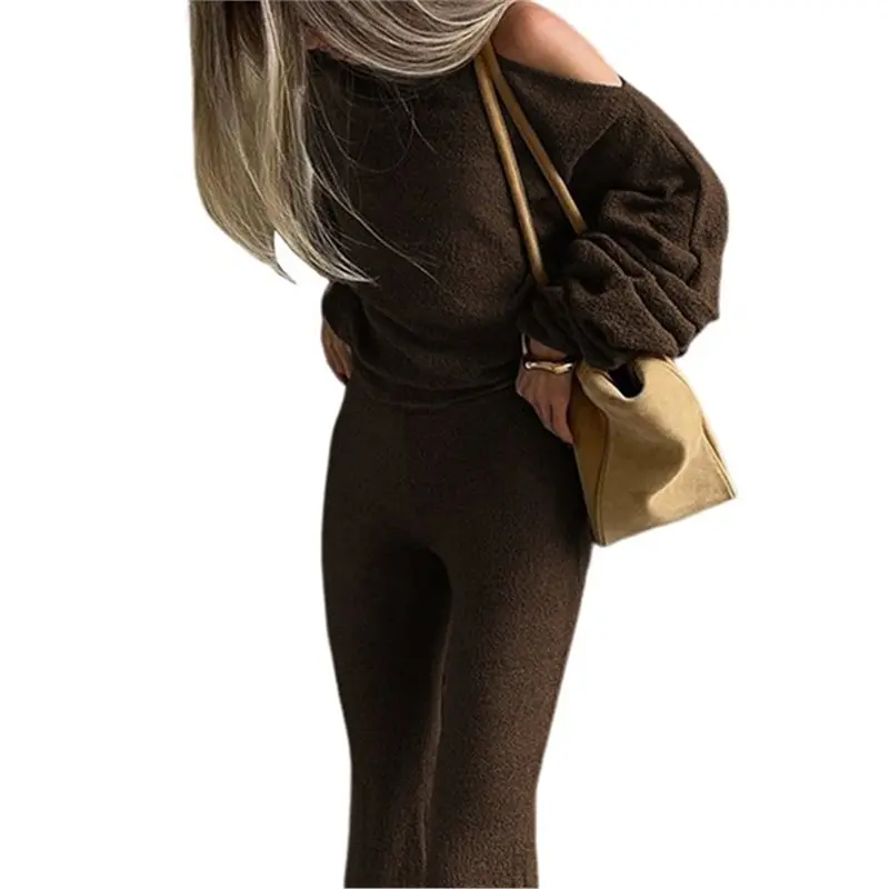 

CYL-Female 2 Piece Outfits Lounge Sets Fall Winter Long Sleeve Knit Sweater Wide Leg Matching Set