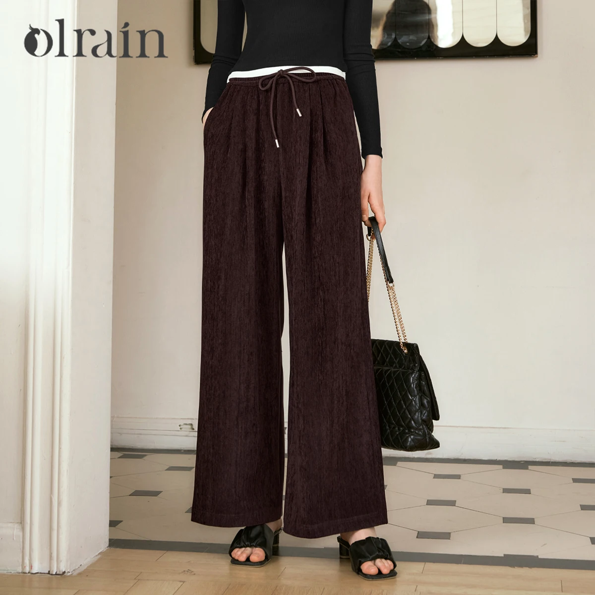 OLrain Women High Waist Long Trousers 2026 Lazy Commuter Skin‑Friendly Chenille Autumn Ladies Wide Pants with Pockets N56QK93898